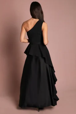 Robe Longue Satinée À Une Épaule Avec Détail Volant