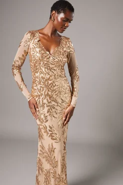Robe Longue À Sequins Floraux Et Manches Longues
