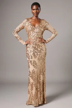 Robe Longue À Sequins Floraux Et Manches Longues