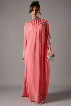 Robe Longue à Sequins Style Cape en Mousseline
