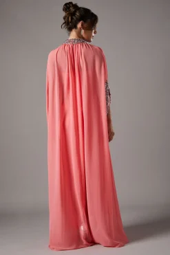 Robe Longue à Sequins Style Cape en Mousseline