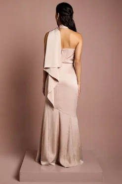 Robe Longue Sirène Satin Une Épaule Avec Lien Au Cou