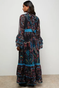 Robe Longue Smock à Col Montant avec Imprimé Placement et Détails en Dentelle