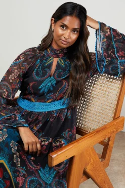 Robe Longue Smock à Col Montant avec Imprimé Placement et Détails en Dentelle