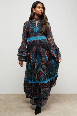 Robe Longue Smock à Col Montant avec Imprimé Placement et Détails en Dentelle