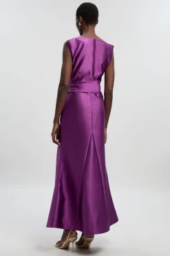 Robe Longue Structurée à Taille Drapée en Sergé Satiné