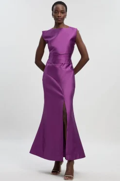 Robe Longue Structurée à Taille Drapée en Sergé Satiné