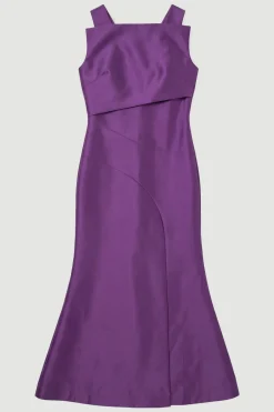Robe Longue Structurée à Taille Drapée en Sergé Satiné