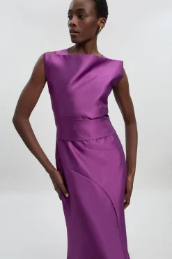 Robe Longue Structurée à Taille Drapée en Sergé Satiné
