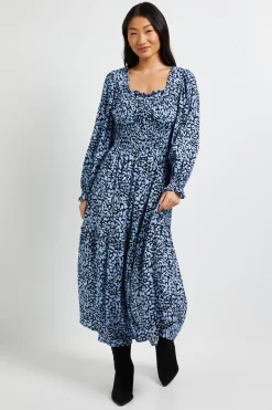 Dorothy Perkins Robe Longue Étagée à Encolure Carrée et Manches Bouffantes Petite Taille Bleue<Femme Robes|Robes Longues