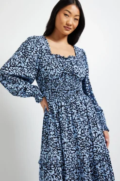 Dorothy Perkins Robe Longue Étagée à Encolure Carrée et Manches Bouffantes Petite Taille Bleue<Femme Robes|Robes Longues