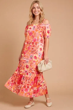 Robe Longue Étagée À Imprimé Floral Avec Épaules Dénudées Bardot Et Manches Bouffantes