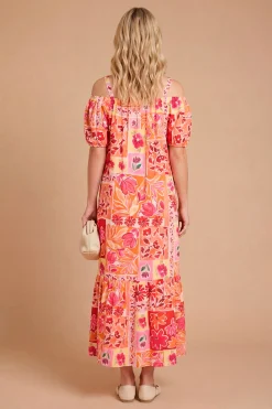 Robe Longue Étagée À Imprimé Floral Avec Épaules Dénudées Bardot Et Manches Bouffantes