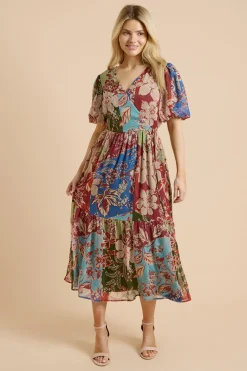 Dorothy Perkins Robe Longue Étagée À Manches Bouffantes Et Devant Cache-cœur À Motif Patchwork<Femme Robes Mi-Longues|Robes