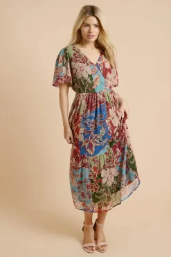 Dorothy Perkins Robe Longue Étagée À Manches Bouffantes Et Devant Cache-cœur À Motif Patchwork<Femme Robes Mi-Longues|Robes