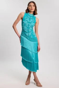 Robe Longue Tissée Asymétrique À Franges Et Perles Avec Encolure Dos-nu