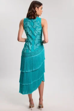 Robe Longue Tissée Asymétrique À Franges Et Perles Avec Encolure Dos-nu