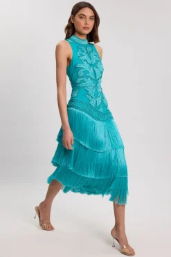 Robe Longue Tissée Asymétrique À Franges Et Perles Avec Encolure Dos-nu