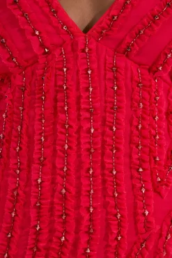 Robe Longue Tissée à Bretelles avec Volants et Ornements
