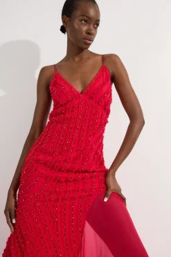 Robe Longue Tissée à Bretelles avec Volants et Ornements