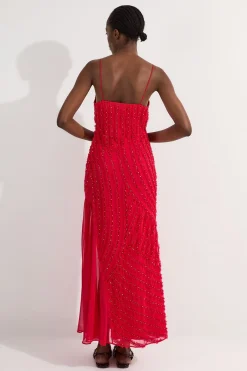 Robe Longue Tissée à Bretelles avec Volants et Ornements