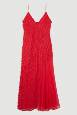 Robe Longue Tissée à Bretelles avec Volants et Ornements