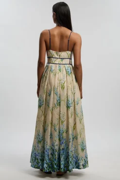 Robe Longue Tissée À Bretelles Motif Floral En Coton Et Soie