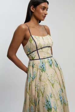 Robe Longue Tissée À Bretelles Motif Floral En Coton Et Soie