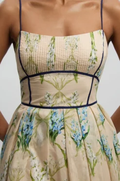 Robe Longue Tissée À Bretelles Motif Floral En Coton Et Soie