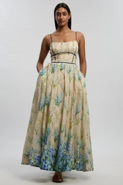 Robe Longue Tissée À Bretelles Motif Floral En Coton Et Soie