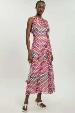 Robe Longue Tissée À Col Licou Avec Détails De Volants En Georgette Froissée