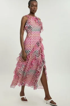 Robe Longue Tissée À Col Licou Avec Détails De Volants En Georgette Froissée