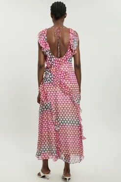 Robe Longue Tissée À Col Licou Avec Détails De Volants En Georgette Froissée