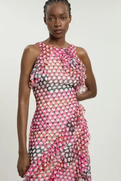 Robe Longue Tissée À Col Licou Avec Détails De Volants En Georgette Froissée