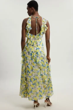 Robe Longue Tissée À Col Licou Avec Détails De Volants En Georgette Crêpée À Imprimé Floral Petite Taille