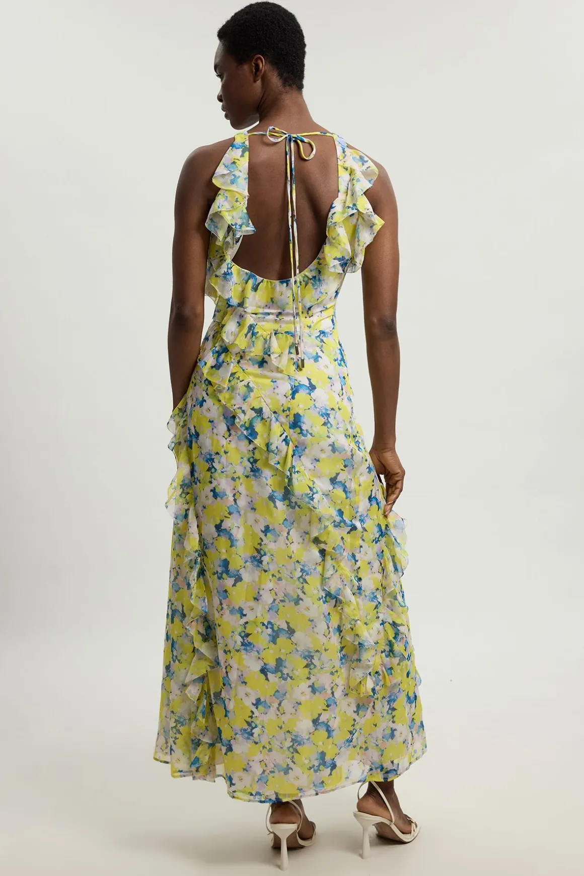 Robe Longue Tissée À Col Licou Avec Détails De Volants En Georgette Crêpée À Imprimé Floral Petite Taille