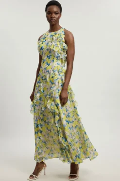 Robe Longue Tissée À Col Licou Avec Détails De Volants En Georgette Crêpée À Imprimé Floral Petite Taille