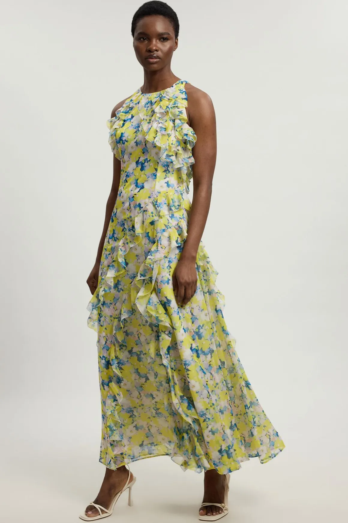 Robe Longue Tissée À Col Licou Avec Détails De Volants En Georgette Crêpée À Imprimé Floral Petite Taille