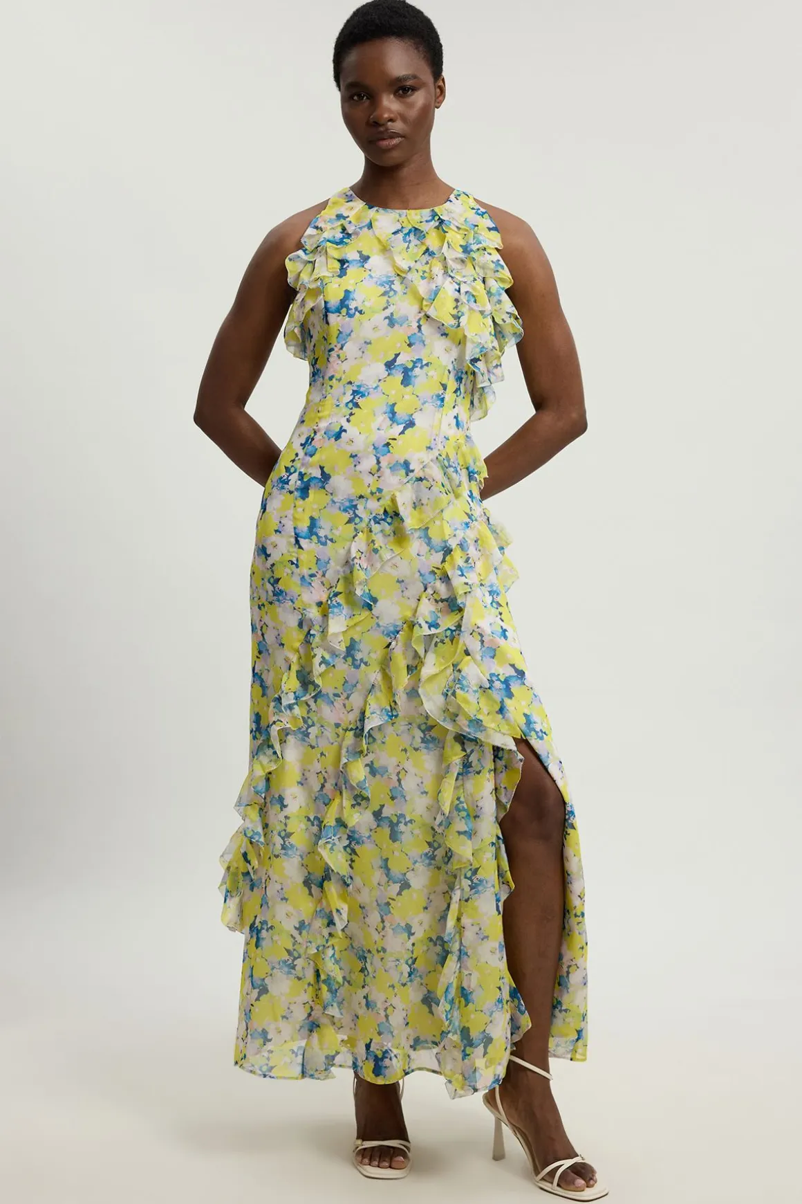 Robe Longue Tissée À Col Licou Avec Détails De Volants En Georgette Crêpée À Imprimé Floral Petite Taille