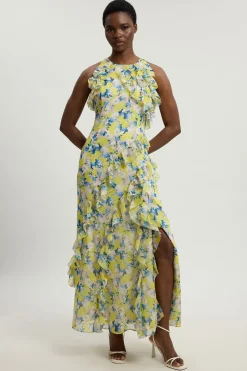 Robe Longue Tissée À Col Licou Avec Détails De Volants En Georgette Crêpée À Imprimé Floral