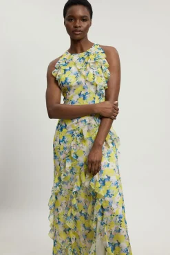 Robe Longue Tissée À Col Licou Avec Détails De Volants En Georgette Crêpée À Imprimé Floral
