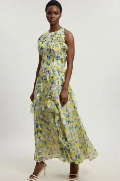 Robe Longue Tissée À Col Licou Avec Détails De Volants En Georgette Crêpée À Imprimé Floral