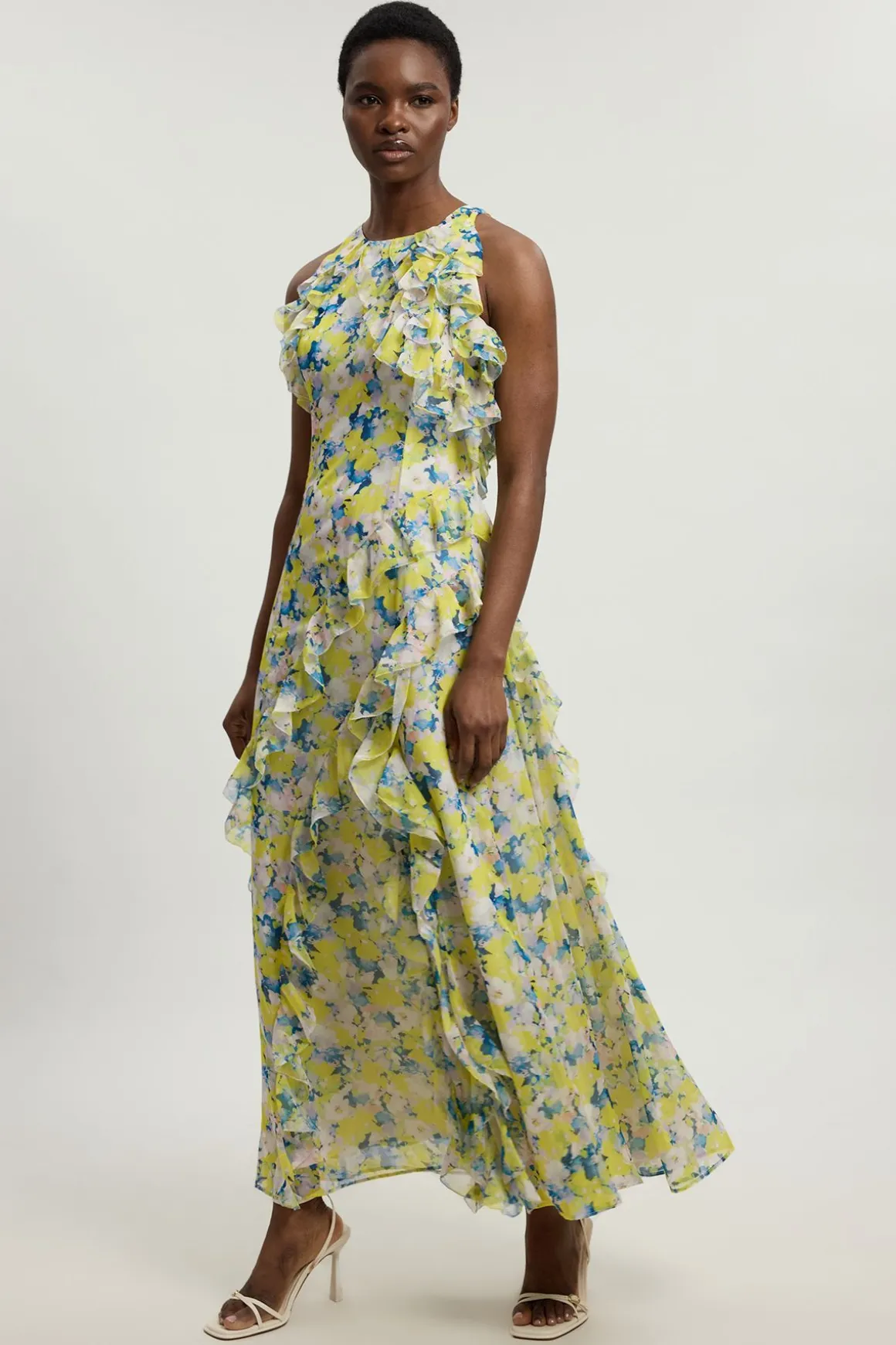 Robe Longue Tissée À Col Licou Avec Détails De Volants En Georgette Crêpée À Imprimé Floral