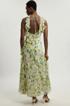 Robe Longue Tissée À Col Licou Avec Détails De Volants En Georgette Crêpée À Imprimé Floral