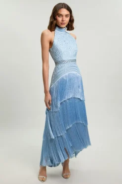 Robe Longue Tissée À Col Licou Avec Perles Et Franges