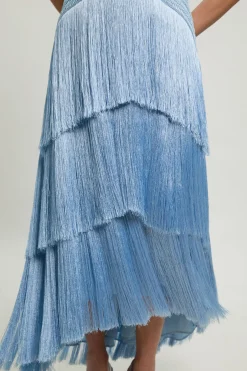 Robe Longue Tissée À Col Licou Avec Perles Et Franges