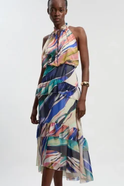 Robe Longue Tissée à Col Licou en Mousseline Froissée Imprimé Marbre