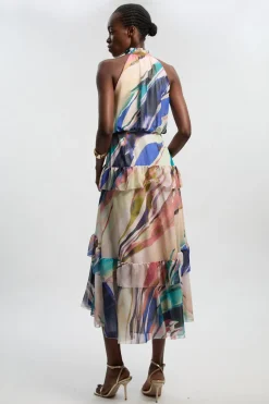 Robe Longue Tissée à Col Licou en Mousseline Froissée Imprimé Marbre