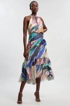 Robe Longue Tissée à Col Licou en Mousseline Froissée Imprimé Marbre