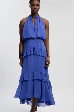 Robe Longue Tissée À Col Licou En Mousseline Froissée